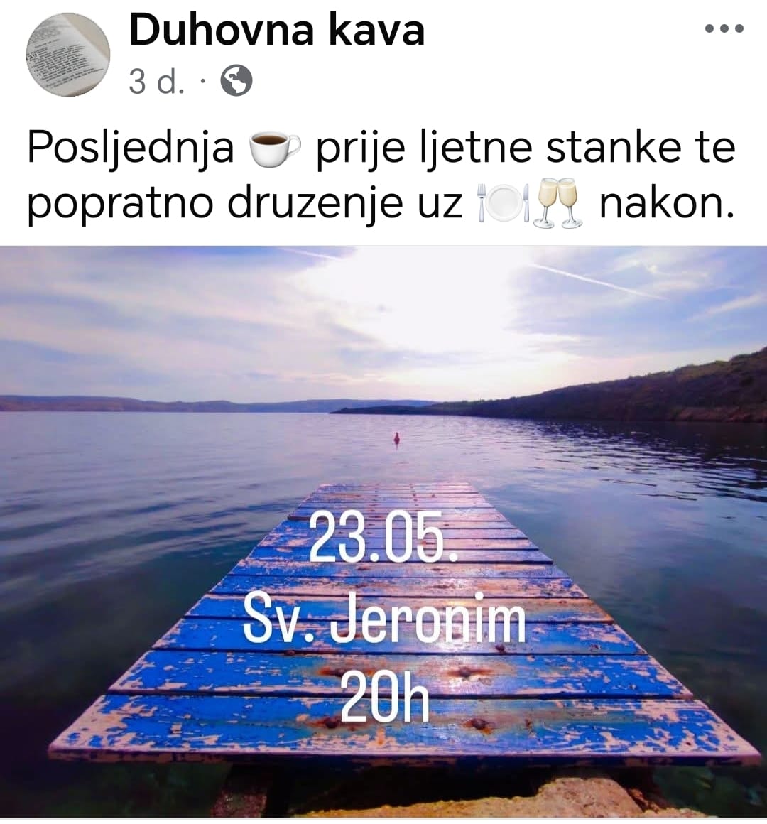 23. 05. u 20h, Biblijsko meditativni susret pod nazivom „Duhovna kava“